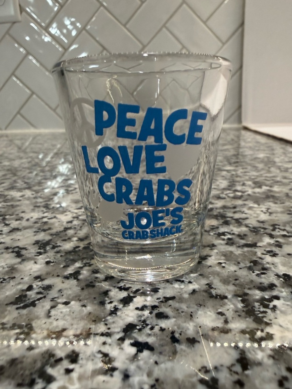 “Peace, Love, and Crabs” Joe’s Crab Shack Shot Glass